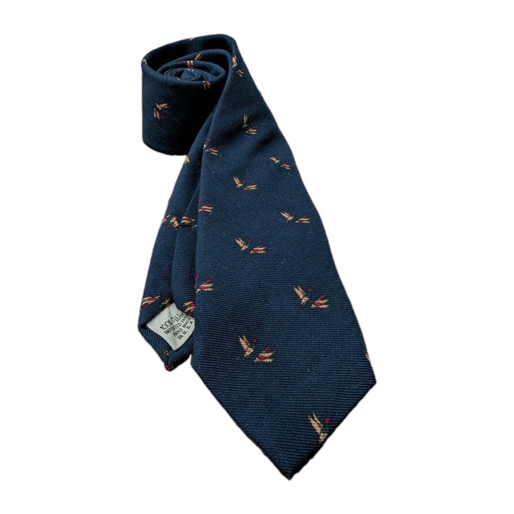 Lands End Charter Collection Navy Blue Wool Mallard Duck Print Tie Handmade USA